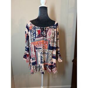 Aura Blue Peasant Patchwork Boho Top Flowy with Ruffle Sleeves Size Small